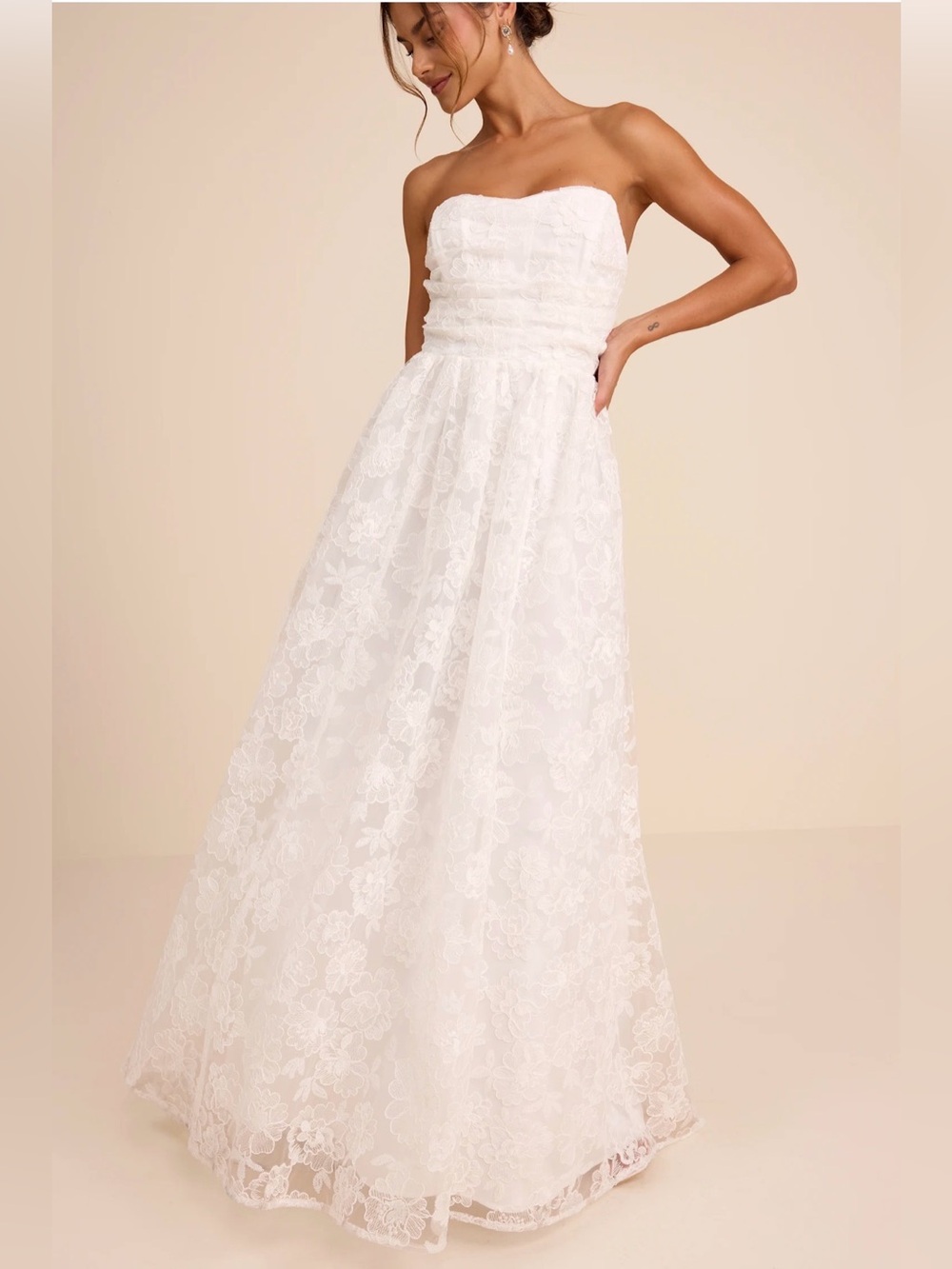 Lulus Roslyn White Embroidered Strapless Bustier Maxi Dress Medium Bride Wedding